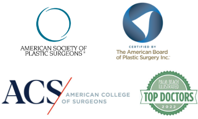 Logos for American Society of Plastic Surgeons, The American Board of Plastic Surgery Inc, American College of Surgeons and Palm Beach Illustrated Top Doctors 2022