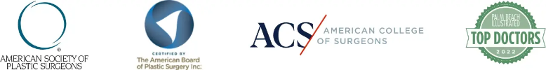 Logos for American Society of Plastic Surgeons, The American Board of Plastic Surgery Inc, American College of Surgeons and Palm Beach Illustrated Top Doctors 2022