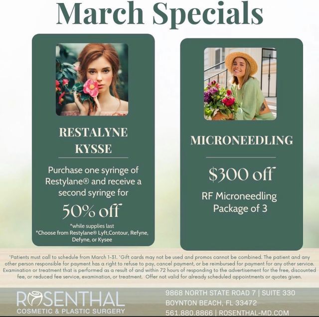 The Spring Specials are now available at Rosenthal Cosmetic and Plastic Surgery! 

Purchase one syringe of Restylane® and receive a second syringe for 50% off

Receive $300 off RF Microcneedling - Package of 3

Click on the link in our bio to book your appointment online! 

#drrosenthal #rosenthalcosmeticandplasticsurgery #southfloridaplasticsurgery #southfloridaplasticsurgeon #palmbeachplasticsurgery #rhinoplasty #breastaugmentation #boobjob #nosejob #southfloridanosejob #southfloridaboobjob #southfloridabotox #southfloridafiller #cosmeticsurgery #southfloridadermatology #southfloridamedspa #southfloridamedicalspa #medspa #southfloridabodysculpting #southfloridaesthetician #southfloridafacials #mommymakeover #southfloridamommymakeover