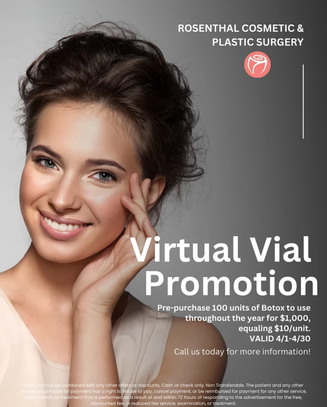 Halfway Through April—Don’t Miss These Deals! ⏳✨ Time is running out to grab our April Specials!

💉 Virtual Vial Promotion – 100 units of Botox for $1,000 ($10/unit!)—bank now, use later!

🔄 April Collagen Comeback – Sculptra for $500 per vial (2-vial min, save $575 per vial!). Only a few vials left!

📅 Offers end April 30—book now before it’s too late! Click on the link in our bio to book today! 

#AprilSpecials #BotoxBank #SculptraSavings #RosenthalCosmeticAndPlasticSurgery #Botox #Injections #Sculptra
