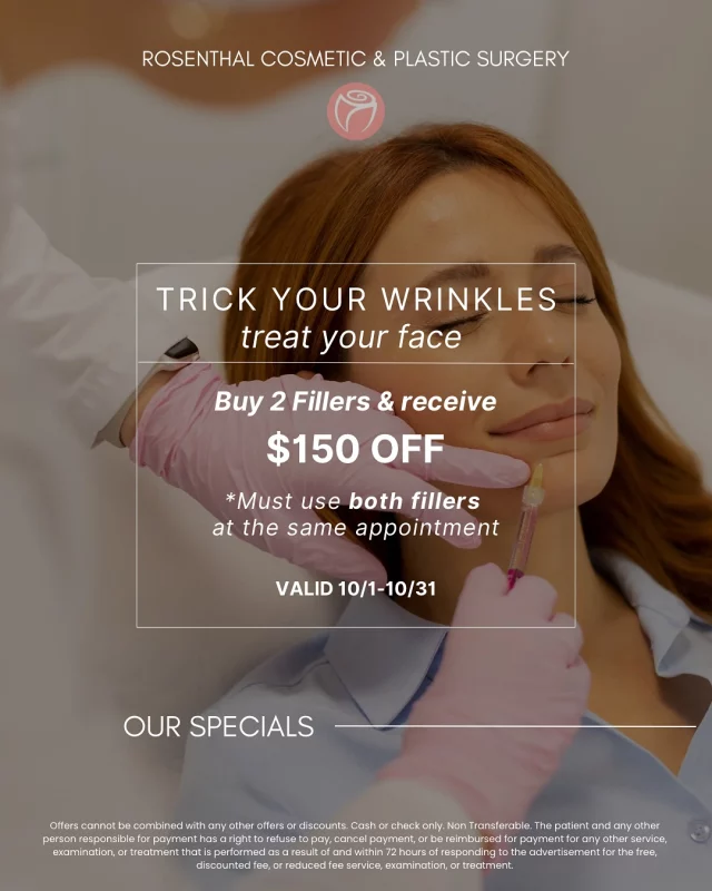 🎃 October Specials at Rosenthal Cosmetic and Plastic Surgery! 

This month, it’s time to trick your wrinkles and treat your skin with our exclusive, limited-time offers:

✨ BOO-TOX: Enjoy $100 OFF two areas of Botox or Dysport (minimum 40 units)
💉 Filler Rejuvenation: Receive $150 OFF when you purchase two syringes and use them at the same appointment

These specials are available October 1–31, don’t miss the opportunity to refresh and restore your natural beauty this season.

📍 Schedule your appointment through the link in bio or call 561-783-3752. 

#RosenthalCosmeticAndPlasticSurgery #OctoberSpecials #BooTox #BotoxSpecial #FillerSpecial #MedicalAesthetics #PalmBeachBeauty #WestPalmBeachMedSpa #AestheticEnhancement #AntiAging