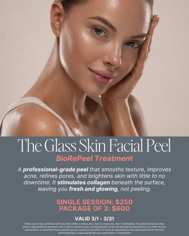Refresh your skin this March. ✨

Our March Specials are designed to improve tone, texture, and overall skin quality with treatments that deliver real results and minimal downtime.

The Glass Skin Facial Peel – BioRePeel A professional-grade peel that smooths texture, refines pores, improves acne, and brightens the skin while stimulating collagen beneath the surface.

The Tighten + Brighten Peel – PRX-T33 Often called the “no peel peel,” PRX-T33 stimulates collagen, improves tone and texture, reduces acne scarring, and tightens skin without visible peeling.

Not sure which treatment is right for you? We’re offering a complimentary skincare consultation with our Medical Aesthetician to evaluate your skin and create a personalized treatment plan tailored to your goals.

Special pricing available through March 31.

#RosenthalCosmeticAndPlasticSurgery #SkinRejuvenation #ChemicalPeel #HealthySkin #MedicalAesthetics